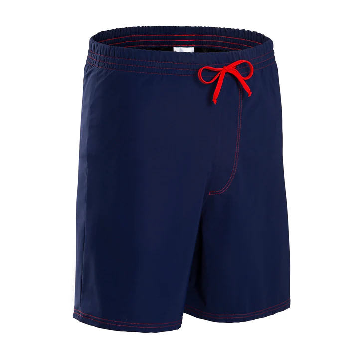 Navy blue swim shrts with red cord tie